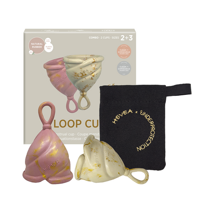 Underprotection menstrual cup in pink and green made of 100% natural rubber